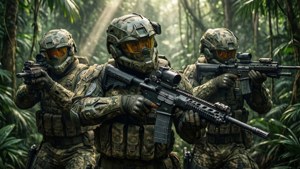 三名身穿迷彩裝備的武裝士兵在叢林中持步槍待命