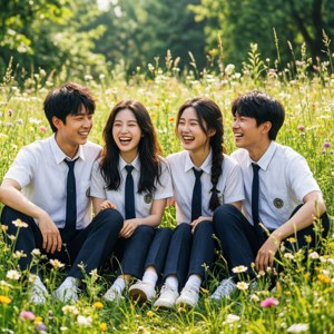 四名穿著校服的學生在長滿野花的草地上一起大笑。
