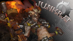 遊戲角色 Junkrat 配備機械手臂和爆炸物，背景火熱。