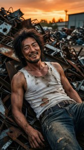 一個頭髮凌亂、衣服破爛的男人，在日落時分躺在生鏽的金屬廢料堆上微笑。