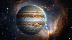 木星帶有漩渦雲層，背景是繁星點點的星雲和宇宙光芒