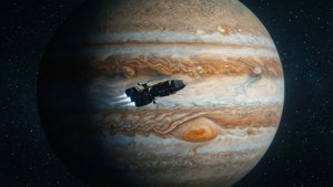 太空船飛過木星，可見大紅斑和星空背景