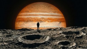 一個人站在佈滿隕石坑的月球上看著木星在天空中升起