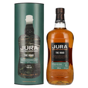 白色背景上的 Jura 威士忌酒瓶和綠色管狀包裝 — 安卓 壁紙