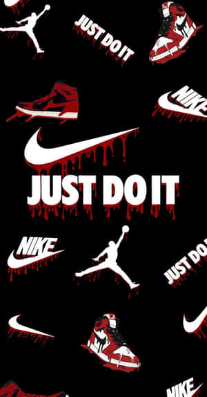 黑色背景，帶有滴落的紅色Nike標誌和Air Jordan運動鞋，以及「Just Do It」口號。