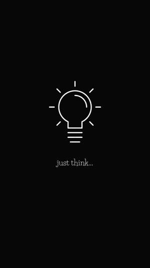 白色線條藝術燈泡圖標，帶有光線和文字 just think...，位於黑色背景上。