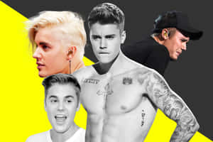 Justin Bieber 的拼貼畫，展示各種姿勢和服裝，帶有紋身和大膽的黃色背景。