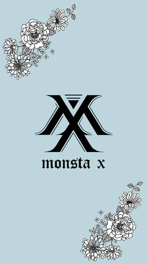 淺藍色背景上帶有花卉角落裝飾的 Monsta X 標誌