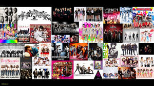 K-pop組合專輯封面拼貼畫，色彩繽紛的服裝和舞台姿勢。