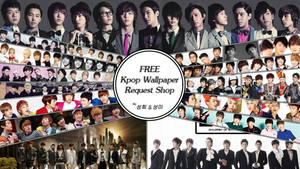 K-pop偶像拼貼畫，以各種姿勢和服裝圍繞中央文字圓圈排列。