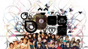 K-pop偶像和標誌，配以蝴蝶和抽象漩渦。