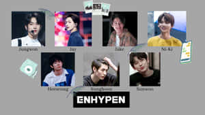 ENHYPEN K-pop 組合成員肖像，灰色背景上附有名稱標籤和裝飾圖標。 — 美學筆電 壁紙