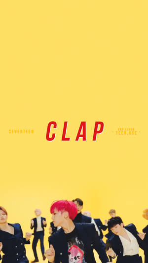 身穿黑色服裝的 K-pop 組合 Seventeen 在黃色背景上以「CLAP」文字擺姿勢。 — 堀與宮村 壁紙