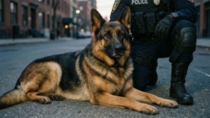 德國牧羊犬警犬在黃昏的城市街道上於警員旁休息。 — 黃昏 壁紙