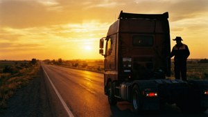 卡車司機在金色夕陽下站在空蕩蕩的高速公路上他的卡車旁