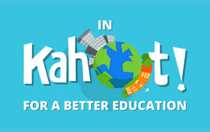 Kahoot!標誌與地球和建築物，推廣更好的教育
