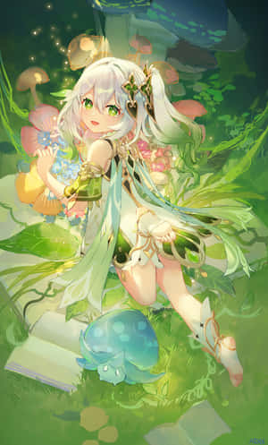 白髮綠眼的動漫女孩，在發光的森林中，有蘑菇和花朵。 — 唯美花朵動圖 壁紙