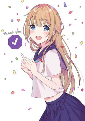 穿著校服的動畫女孩微笑著指向一個勾號，周圍有紙屑飄落。 — 可愛動漫女仔 壁紙