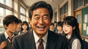 動漫老師與學生在走廊裡笑