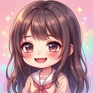 動漫女孩，有吸血鬼尖牙和棕色頭髮，在粉彩星空中微笑。 — Tecno Phantom V Flip 壁紙