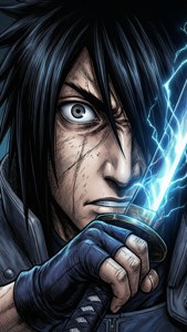 黑髮動漫戰士在戰鬥場景中緊握一把發光的藍色閃電劍。