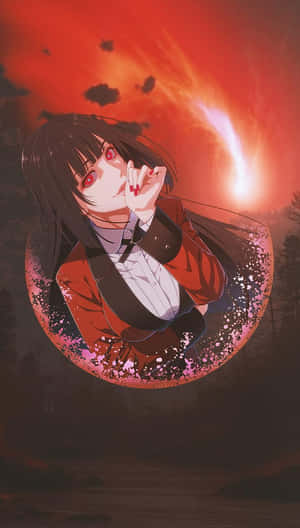 紅眼睛和紅指甲的動漫女孩在火紅的天空和櫻花中微笑。 — 動漫女孩 壁紙