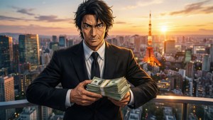 西裝男在陽台拿現金俯瞰東京夕陽塔樓