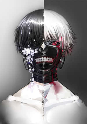動漫角色，頭髮半黑半白，戴著黑色面具，帶有紅色眼睛和白色花朵。