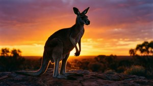袋鼠站在岩石地形上，日落時分，天空橙紫