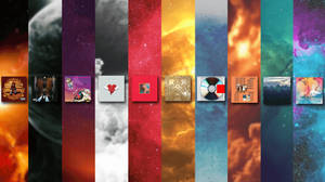一個色彩繽紛的壁紙，以宇宙背景為襯托的專輯藝術。