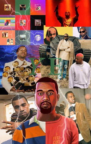 Kanye West不同服裝和姿勢的拼貼畫，帶有色彩繽紛的閃電效果。