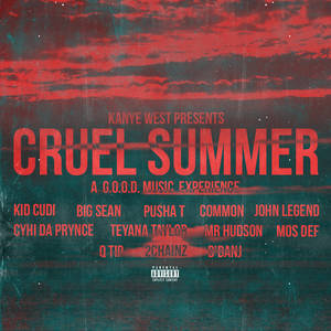 「Cruel Summer」專輯封面，在風暴般的天空背景上有紅色文字和藝術家名字。