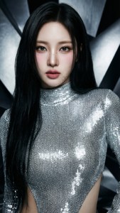 長黑髮女性穿著銀色亮片上衣，背景是幾何金屬質感