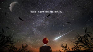 紅髮動漫角色在夜晚的竹林中觀看流星。 — 月色夜空 壁紙