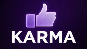 發光的紫色豎起拇指圖示，帶有白色文字的「karma」，背景為深色。