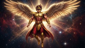 一位身穿金色盔甲的有翼戰士漂浮在繁星點點的星雲中。