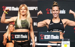 兩位女性MMA拳手在UFC稱重活動中展示肌肉。 — 1920x1200 壁紙