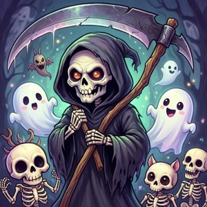 發光眼睛的死神手持鐮刀，被鬼魂和小骷髏包圍在森林中