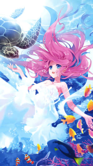 粉紅色頭髮的動漫女孩與海龜和熱帶魚一起在水下游泳。 — 美人魚 GIF 壁紙
