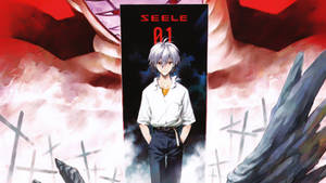 銀髮動漫男孩在一個標有 SEELE 01 的黑色框架中，周圍環繞著紅雲和破碎的十字架。 — 新世紀福音戰士 GIF 壁紙