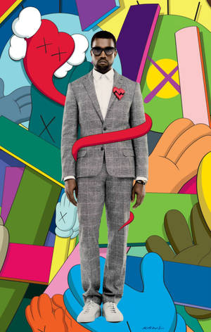 Kanye West 身穿灰色西裝，戴著太陽眼鏡和心形胸針，被卡通手和心形包圍。