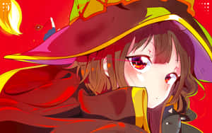 動漫女巫，擁有發光的紅眼睛和大帽子，在火紅的背景下。