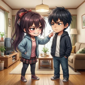 可愛動漫女孩在客廳裡逗弄男孩，周圍有植物和木製家具。