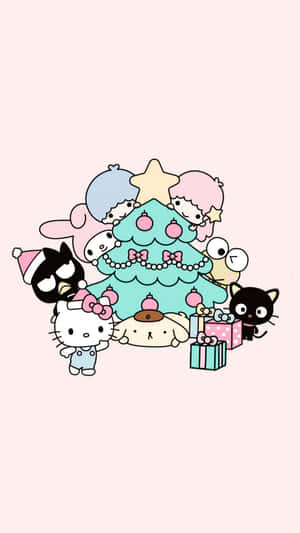 Sanrio角色在裝飾好的聖誕樹和禮物旁慶祝聖誕節。 — iPhone 7 壁紙