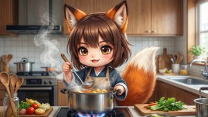 可愛的動漫狐狸女孩在廚房用冒煙的鍋煮蔬菜。