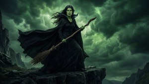 一個皮膚綠色、身穿黑色斗篷的女巫，在暴風雨的天空下站在懸崖上拿著掃帚。
