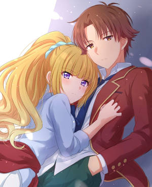 金髮動漫女孩在雪花飄落時擁抱著穿校服的男孩。 — Galaxy Z Fold 5 壁紙