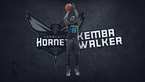 Kemba Walker身穿夏洛特黃蜂隊球衣，在深色垃圾搖滾風格背景下投籃。 — 科比· Bryant 壁紙