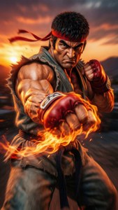 一個戴著紅色頭帶的戰士在夕陽下打出火焰拳。