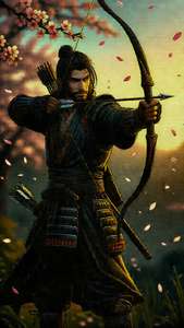 武士在黃金時段夕陽下的櫻花中瞄準弓箭